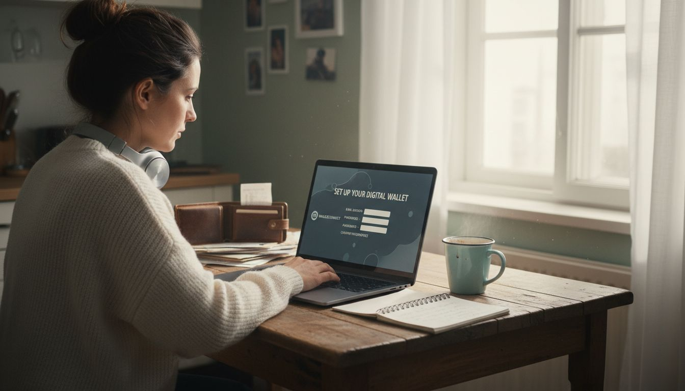 Person setting up digital wallet at kitchen table