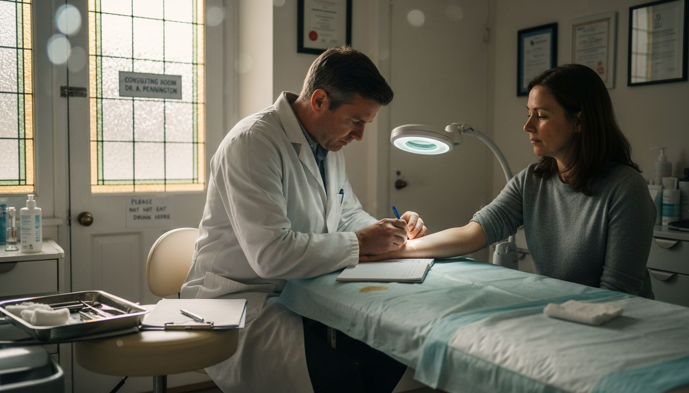 Dermatologist examining patient’s forearm