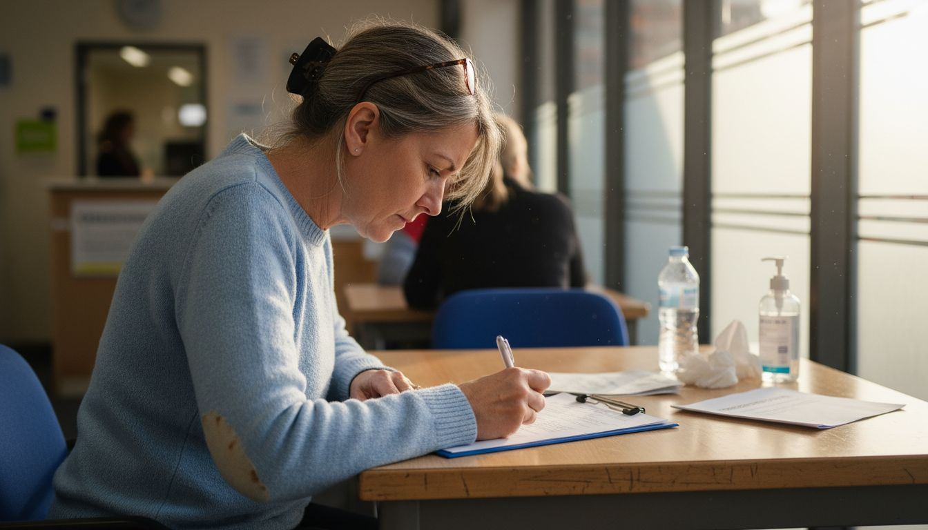 Patient filling health history checklist