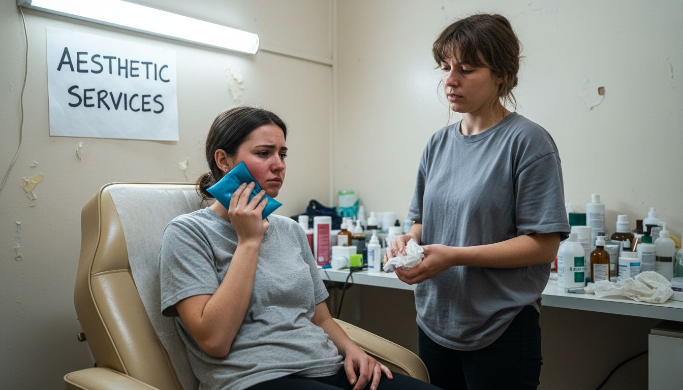 Patient with swollen cheek after poor aesthetic treatment