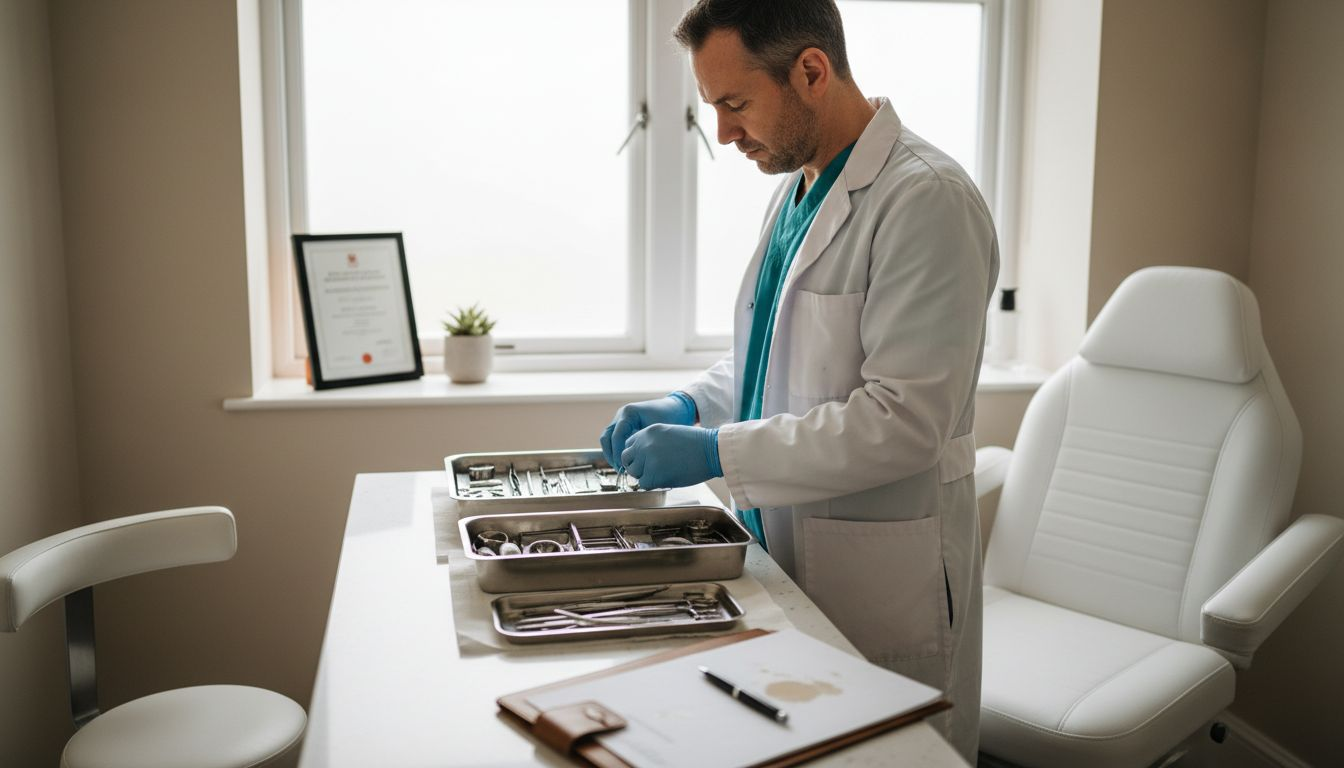 Practitioner preparing instruments in clinic room