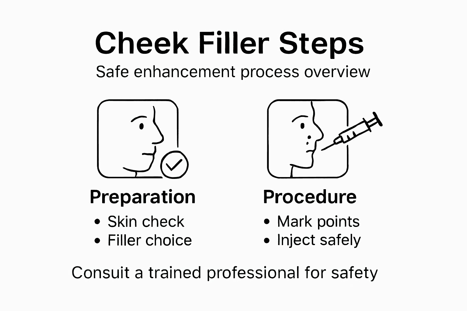 Infographic with cheek filler steps and safety points
