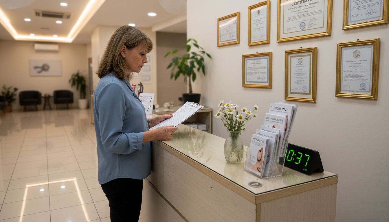 Woman checking clinic credentials and certificates
