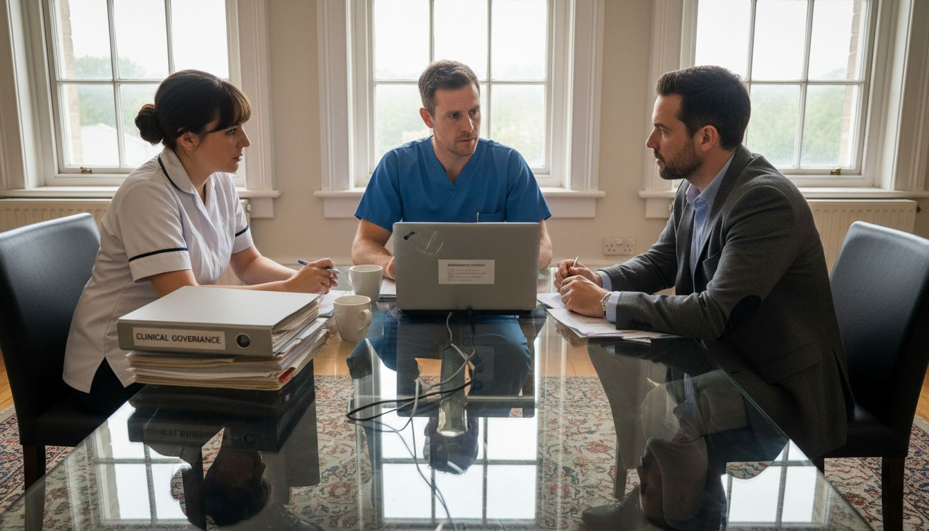 Clinic staff reviewing compliance documents together