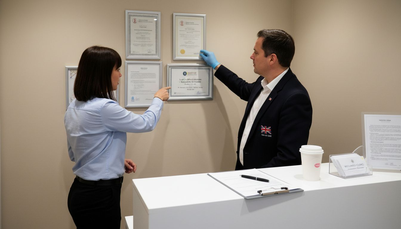 Inspector reviewing qualifications in clinic