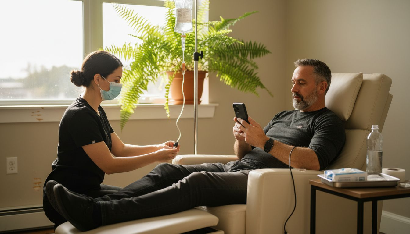 Patient receiving IV therapy in treatment room