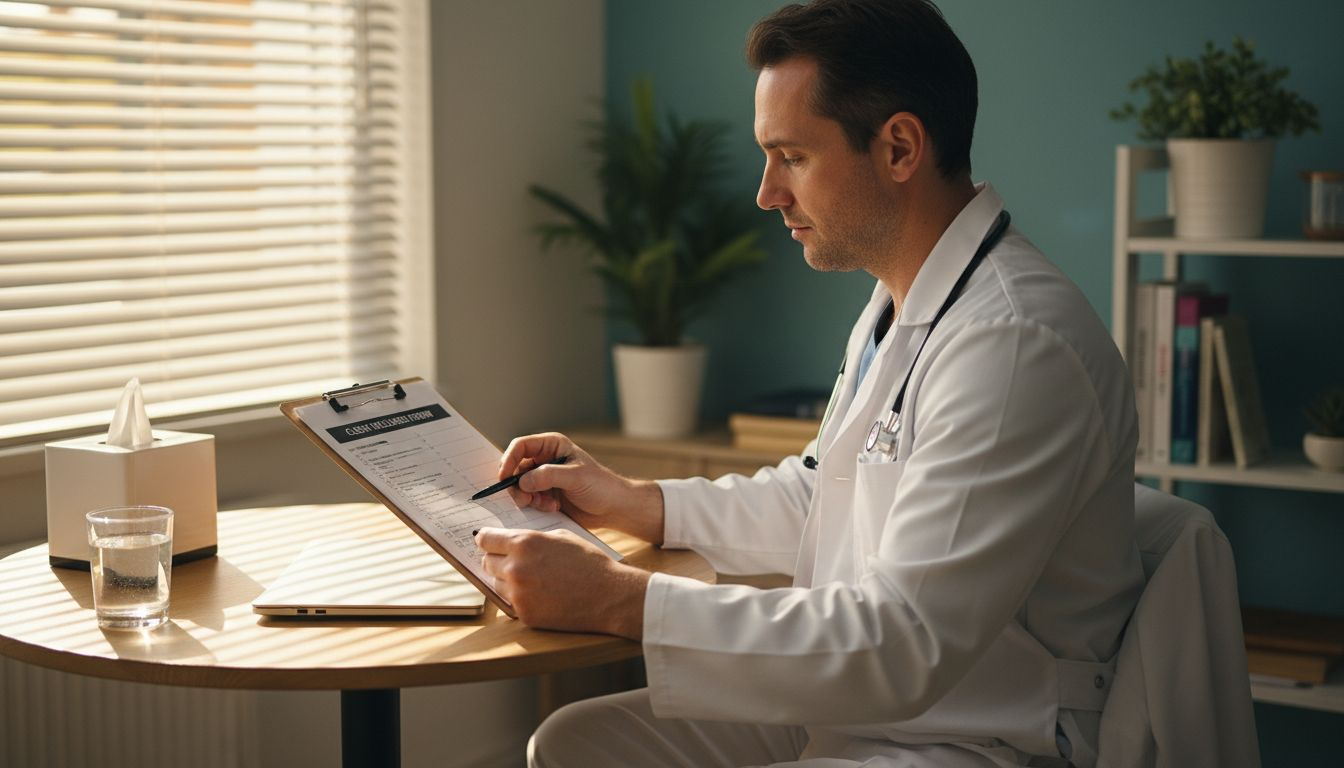 Practitioner reviews medical checklist with client