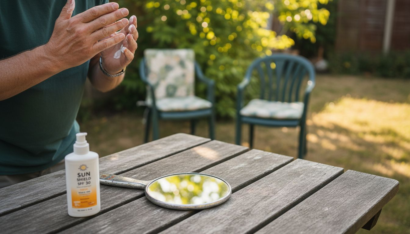 Man applying sunscreen outdoors at table