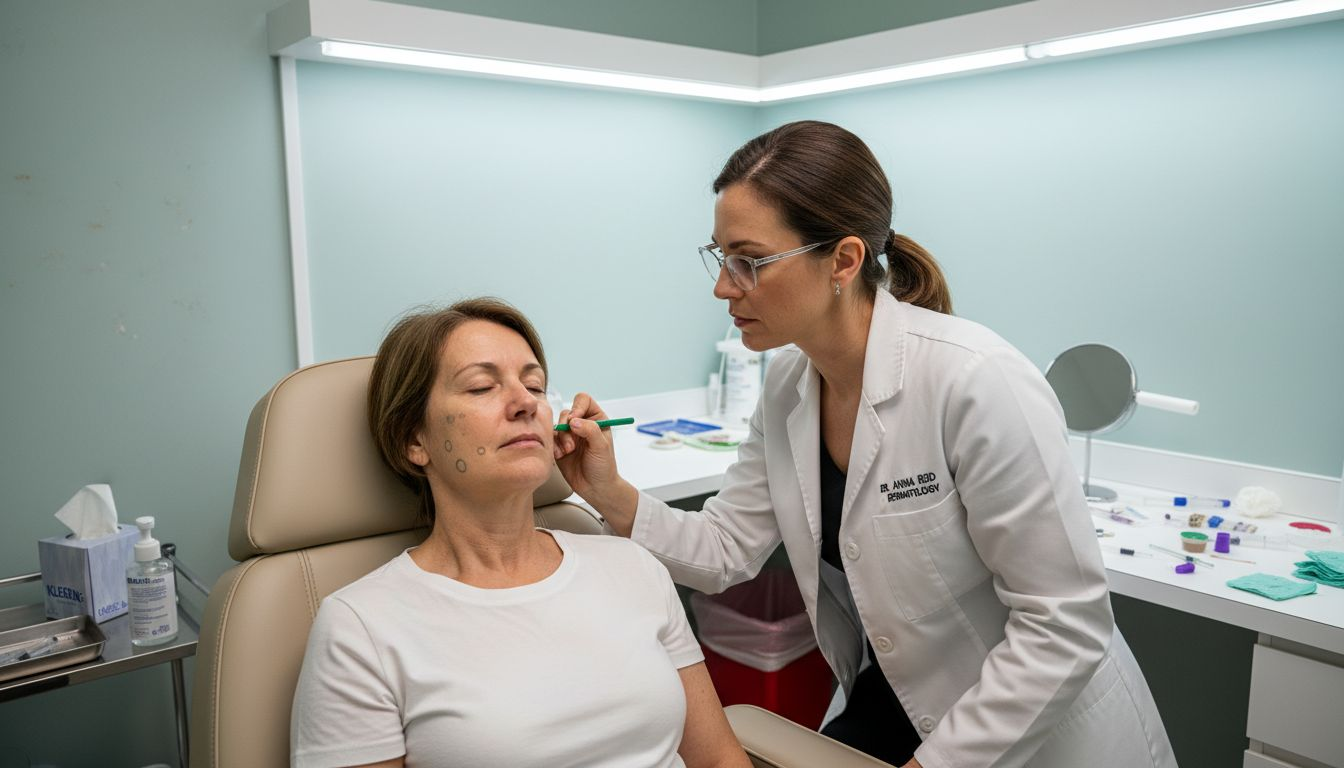 Practitioner marks patient face for fillers