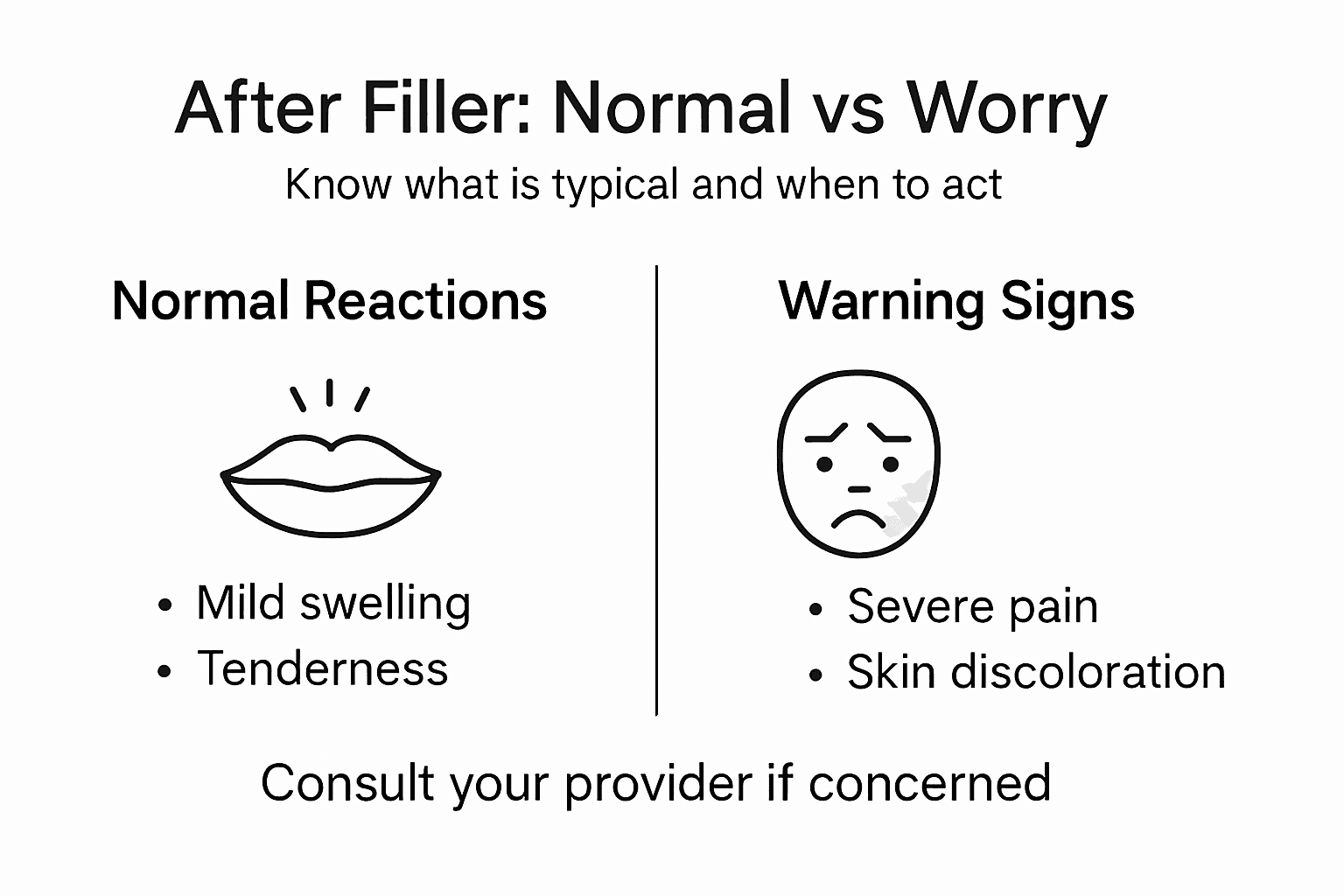 Infographic showing post-filler normal and warning signs