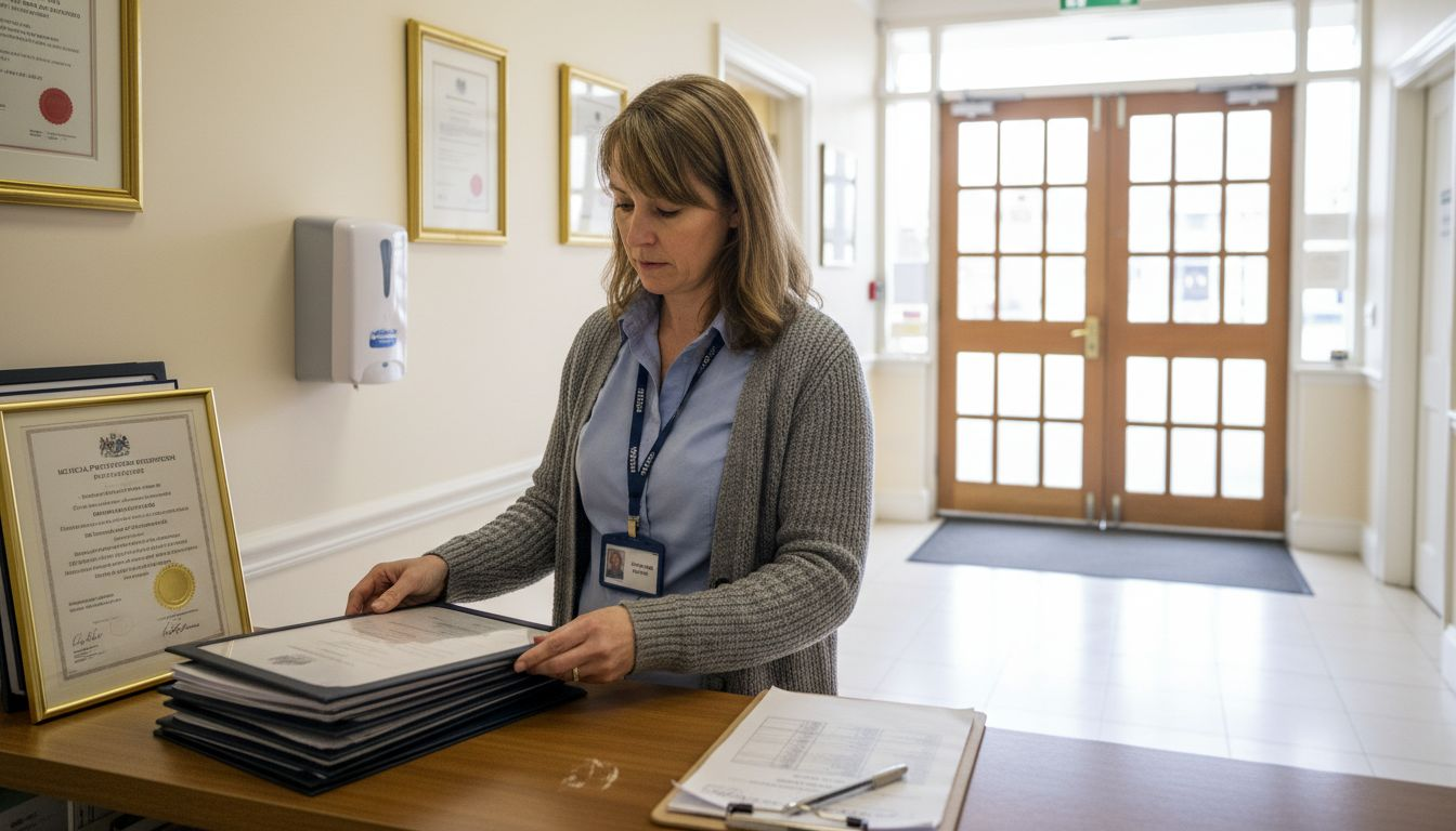 Manager checks clinic certificates at reception