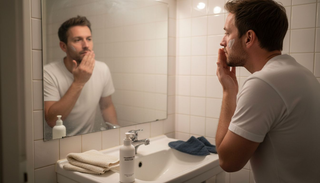 Man moisturising skin after chemical peel