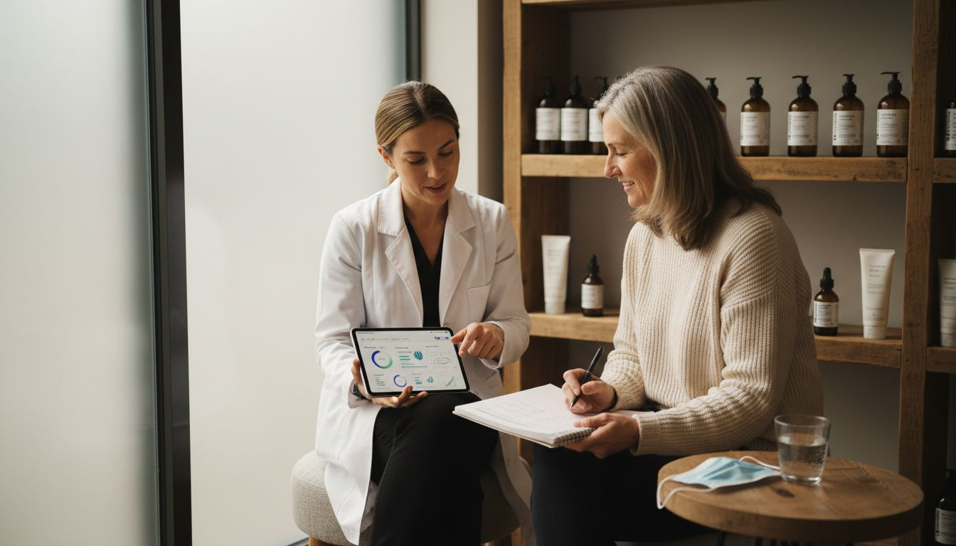 Personal skincare consultation assessing hydration results