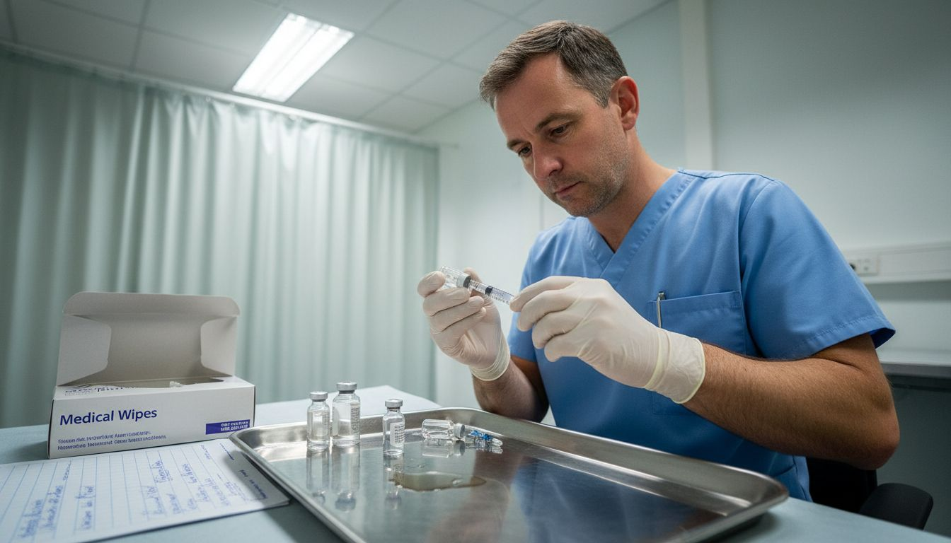Practitioner preparing injection in treatment room