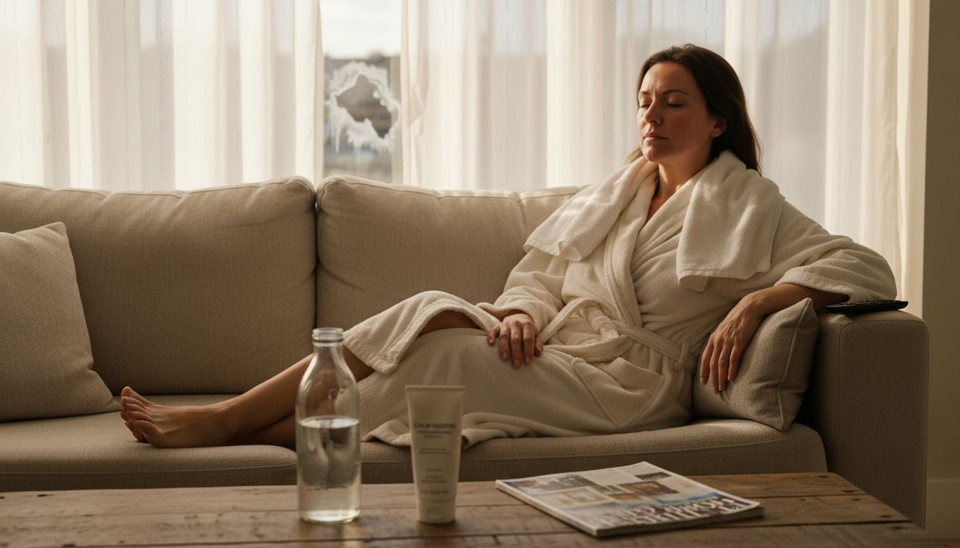 Woman recovering after PRP facial at home