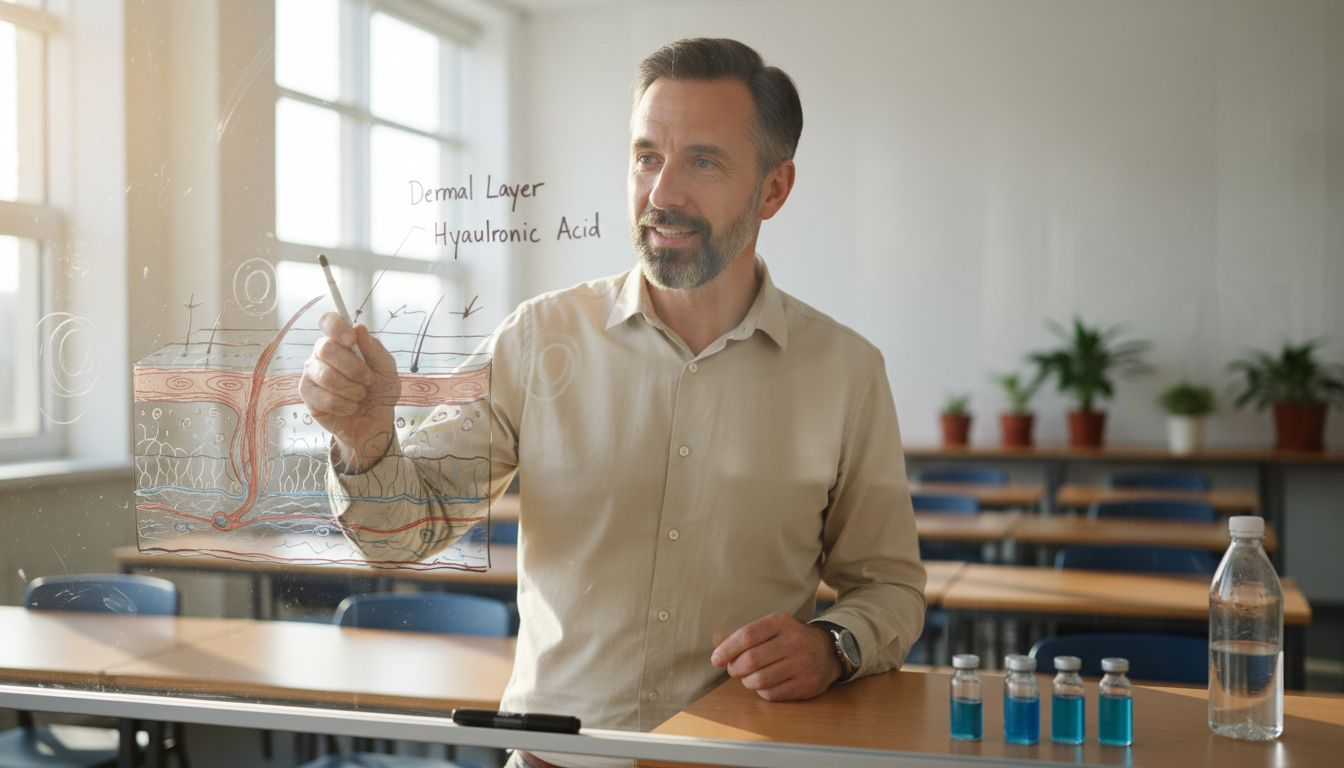 Educator shows hyaluronic acid skin hydration