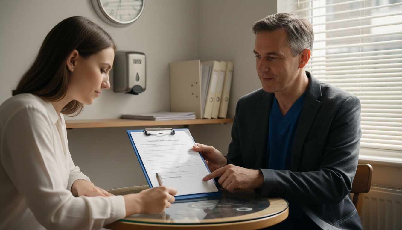 Doctor reviews consent form with client