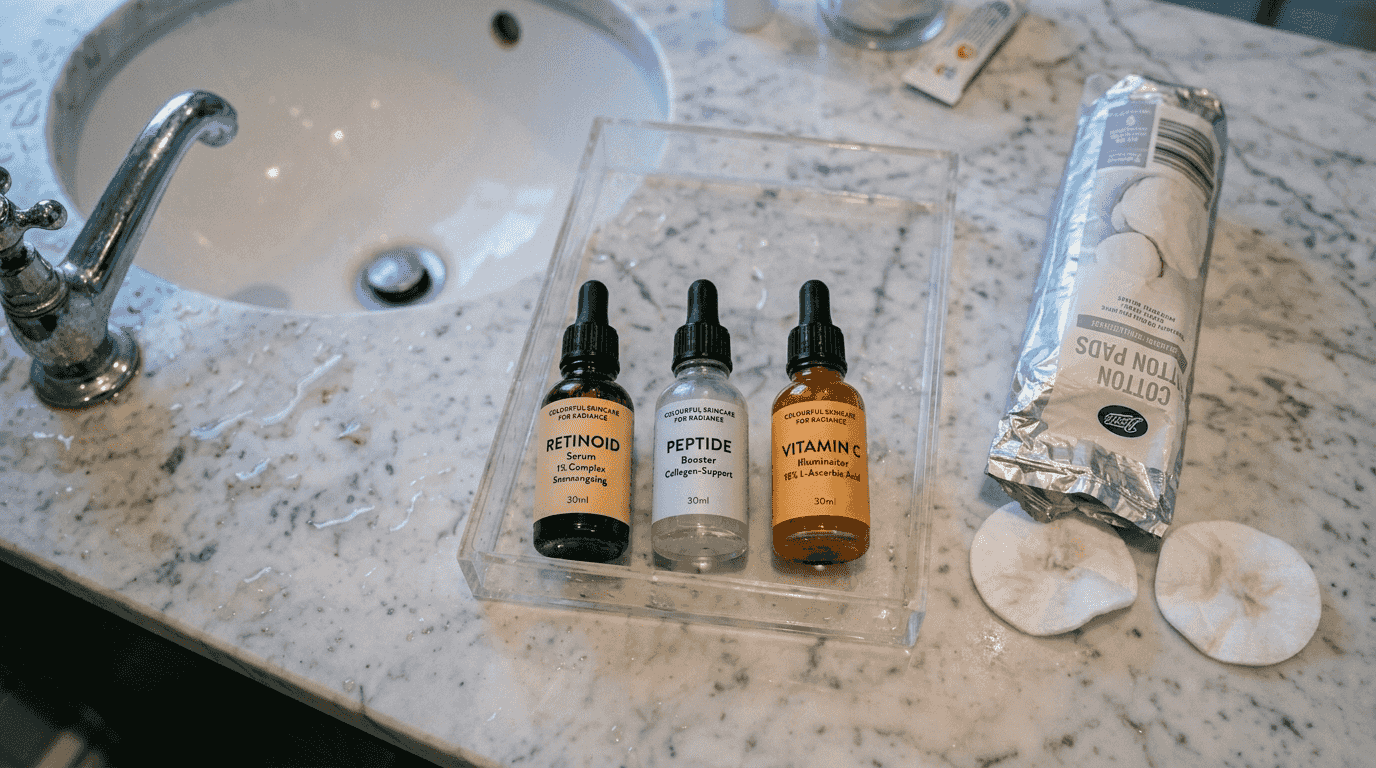 Various personalised skincare ingredients on marble counter