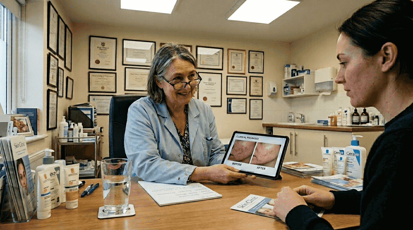 Dermatologist consulting patient in treatment room