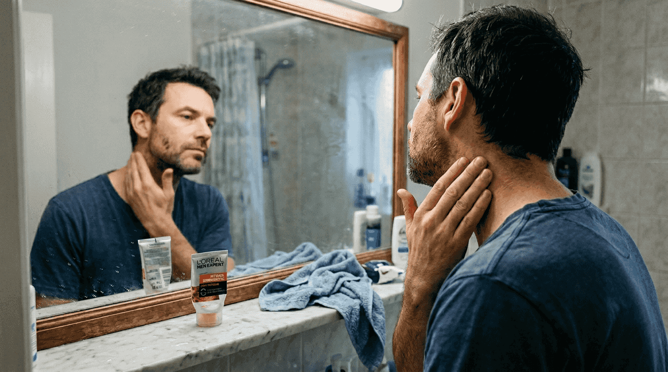 Man demonstrating facial massage in bathroom