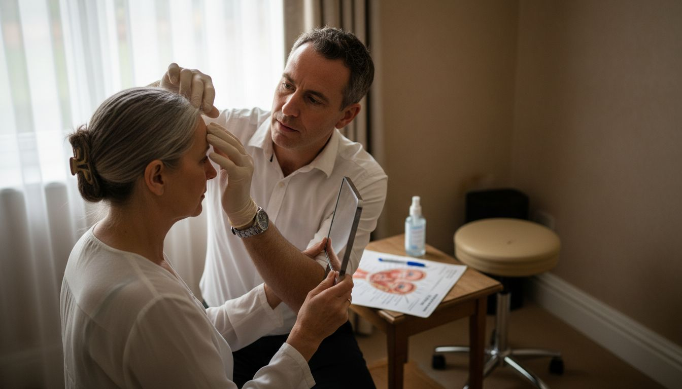 Practitioner palpating client’s forehead during assessment