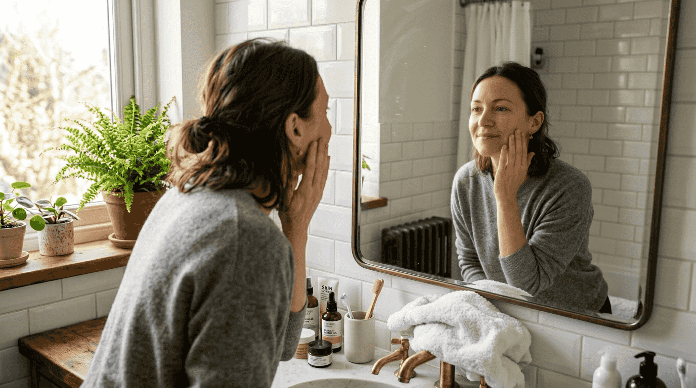 Woman checking improved skin after PRP