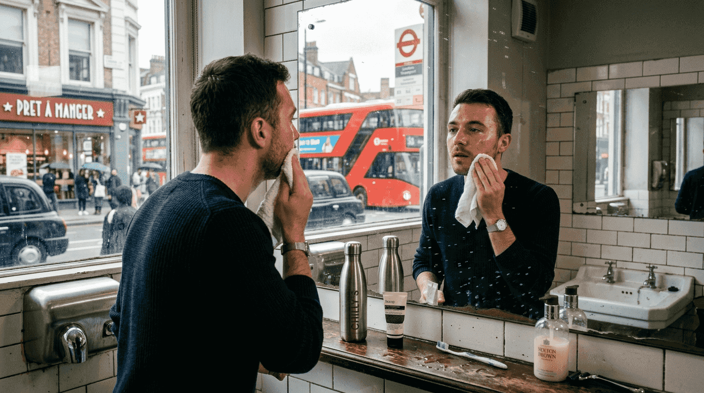 Man examining hydrated skin in city bathroom