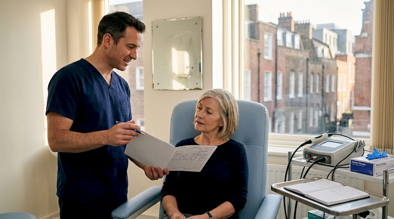 Practitioner discussing laser options with patient