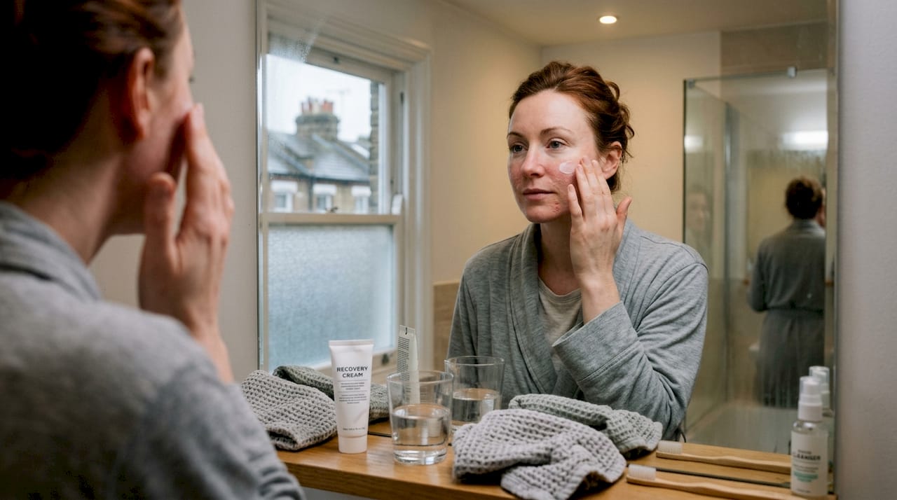 Woman moisturizes face after chemical peel treatment