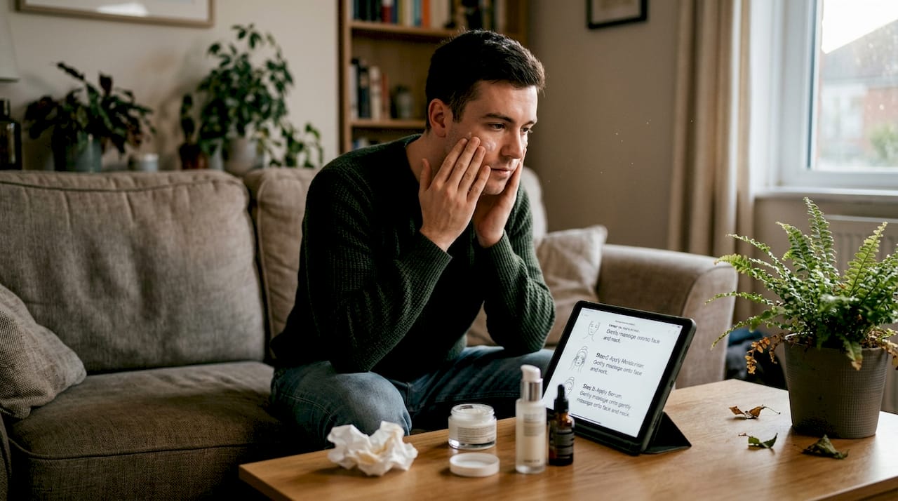 Man following skincare steps at home