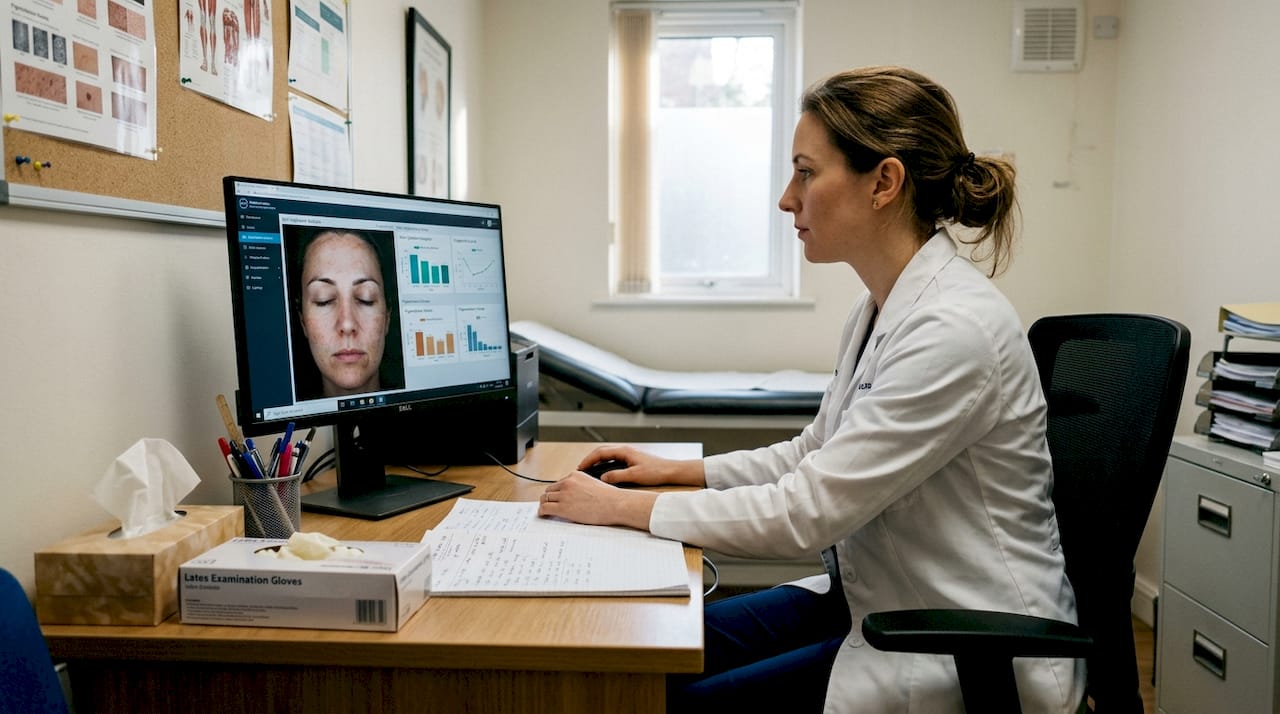 Dermatologist reviews AI skin analysis on monitor