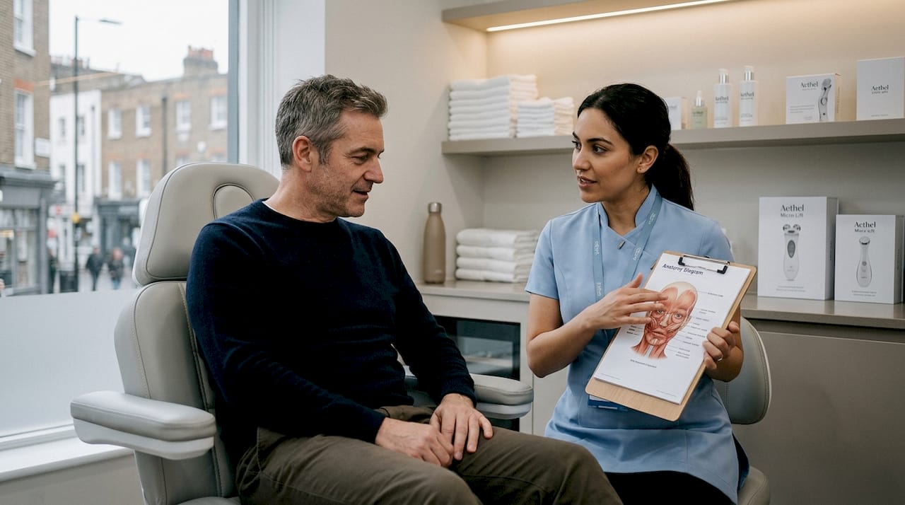 Esthetician explains treatment options to client