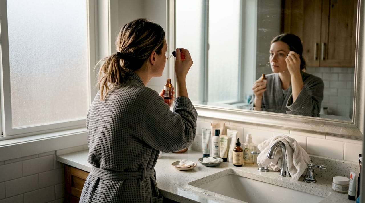Woman applying serum during bathroom routine
