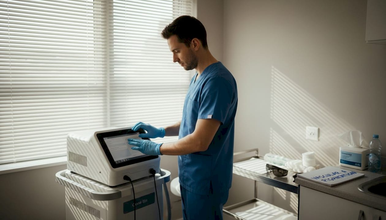 Clinician sets up laser for pigmentation treatment