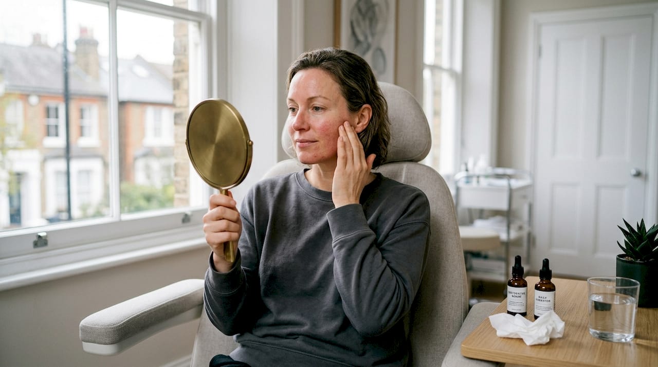 Woman examining skin after facial treatment