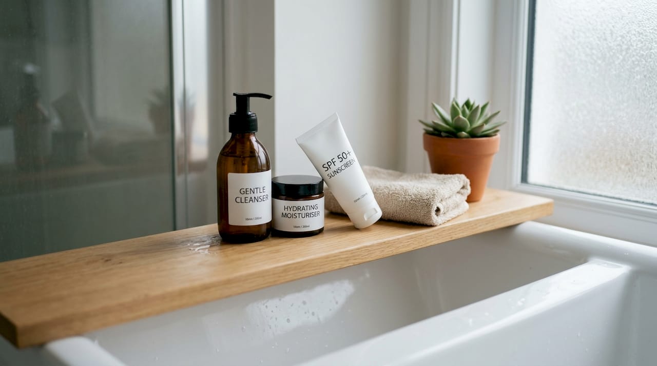 Minimal skincare bottles on bathroom shelf