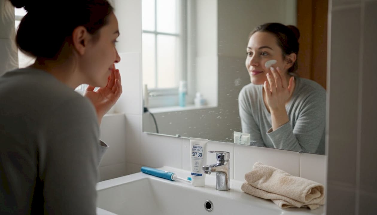 Woman applying sunscreen at home sink