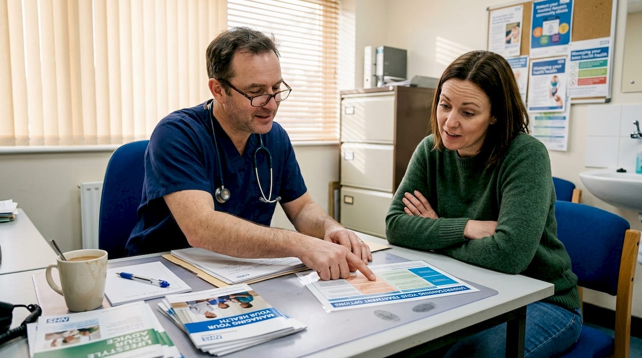 Practitioner explaining options to client in clinic