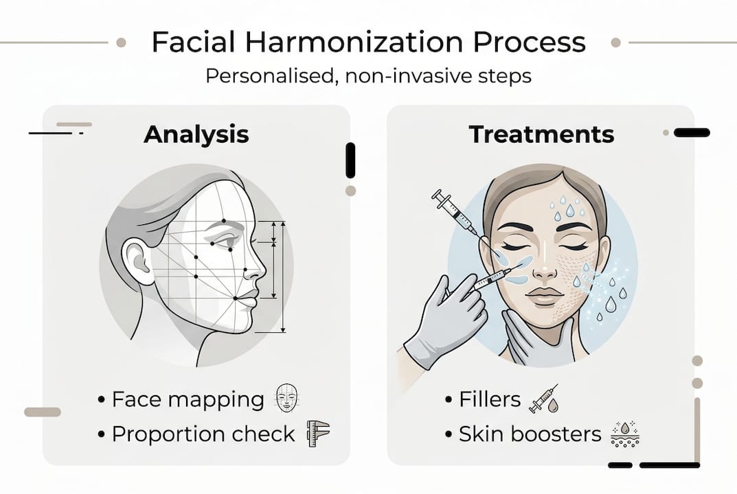 Infographic of facial harmonization steps and treatments