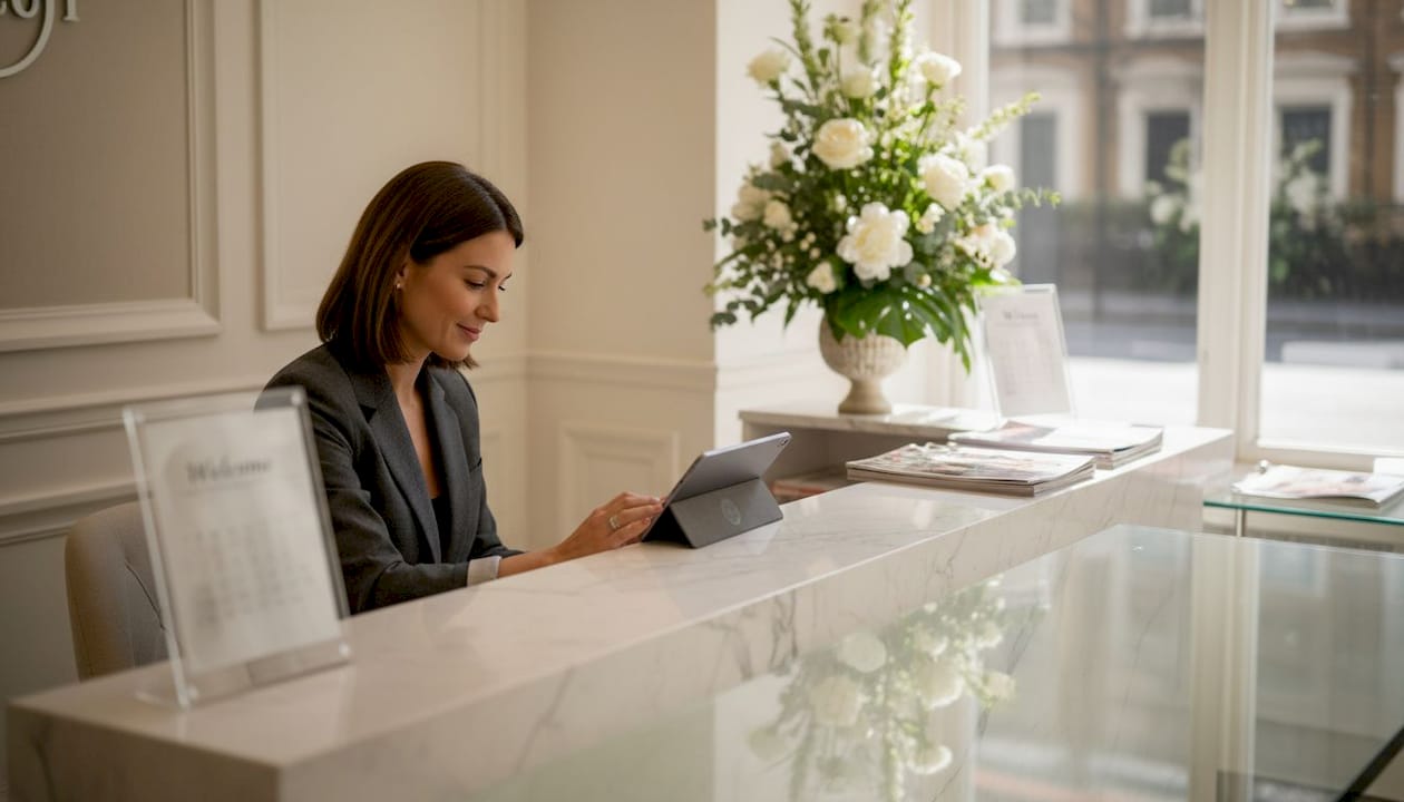 Receptionist managing appointments in luxury clinic lobby