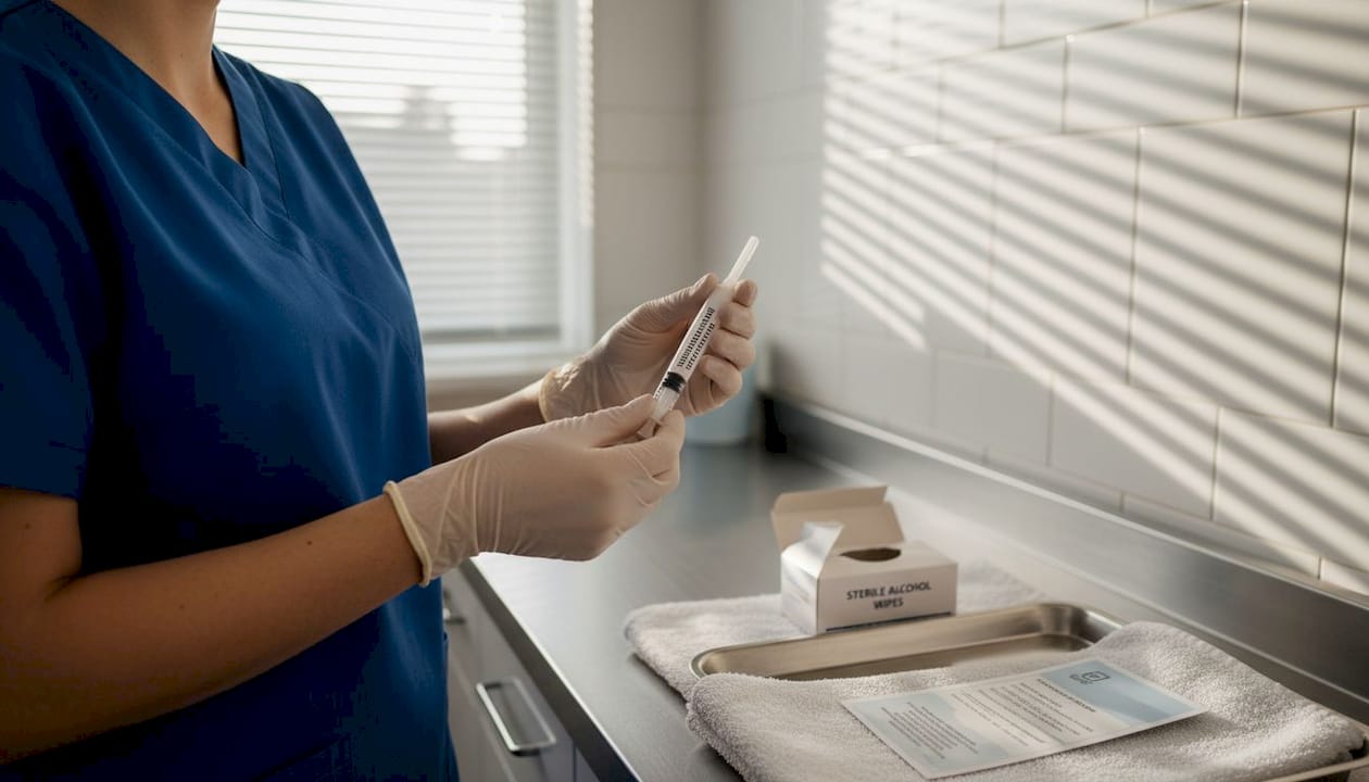 Practitioner preparing hyaluronic acid filler syringe