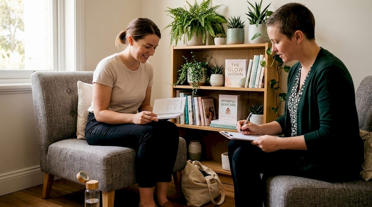 Client and practitioner reviewing skincare habits