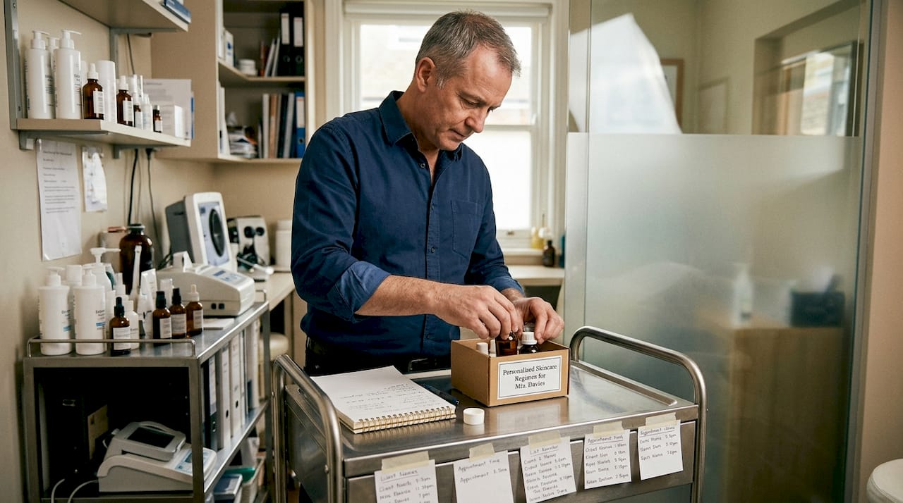Practitioner preparing custom skin treatment kit