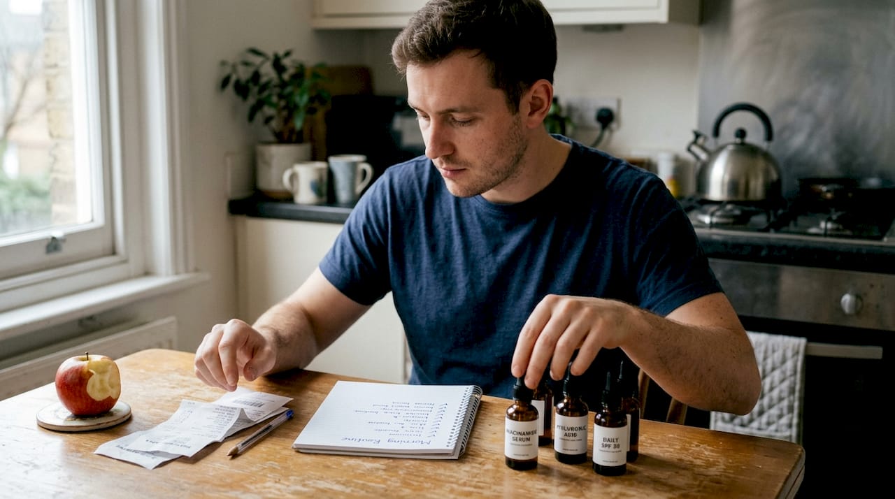 Man organizing personal skincare checklist at table