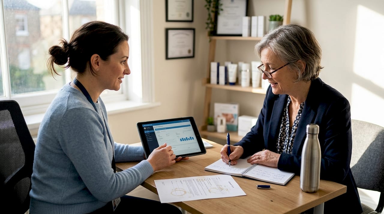 Client reviewing skincare history in clinic