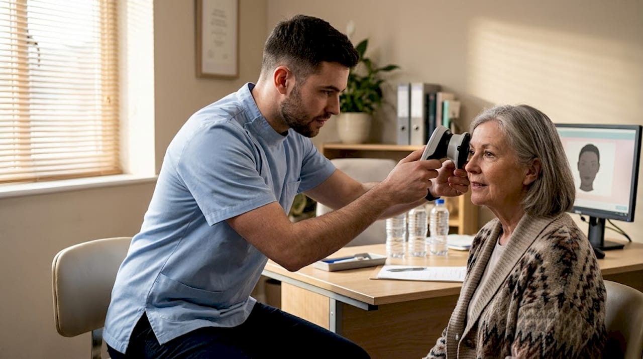 Clinic assistant sets up facial imaging device
