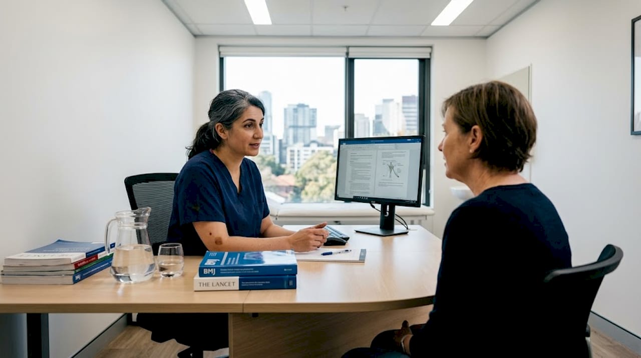 Practitioner consulting patient in clinic