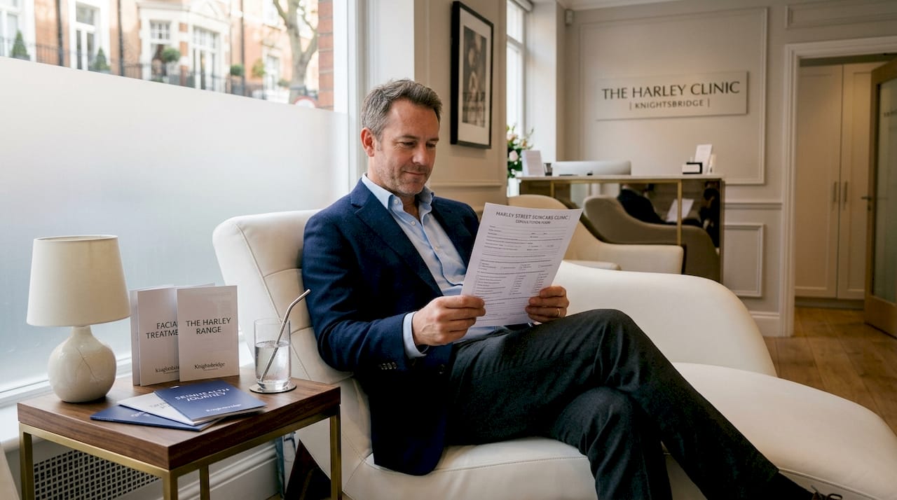 Client reading skincare form in clinic lounge