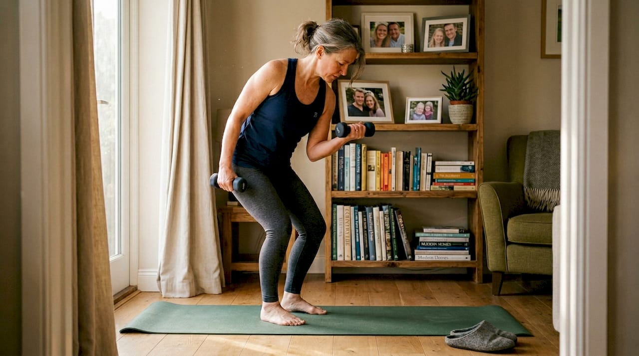Woman lifting dumbbells in living room