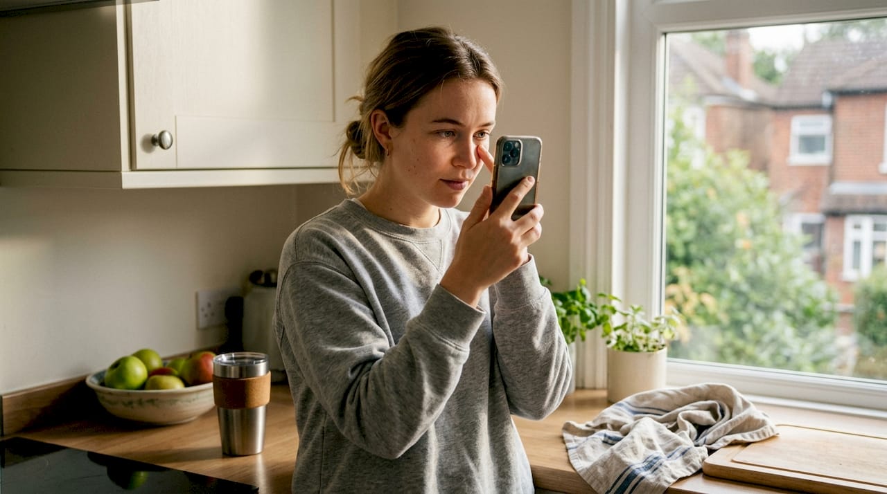 Woman taking under-eye photo in kitchen daylight
